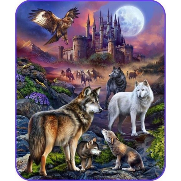 New Wolf Fantasy Throw Blanket Wolves Castle Full Moon Pack Howl Horses Forest - Picture 1 of 3